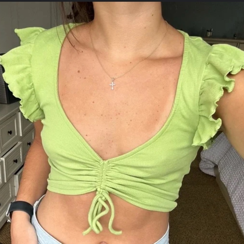 Zara Lime Green Ruched V-Neck Top size M cottton
